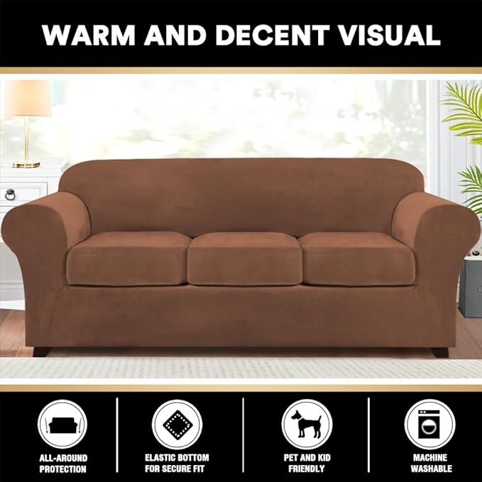 PrinceDeco Velvet Couch Covers for Sofa Soft 4 Pieces Couch Covers for 3 Cushion Couch Sofa Pet Friendly Furniture Protector with Non Slip Elastic Bottom Width Up to 90 Inch (Large, Caramel)