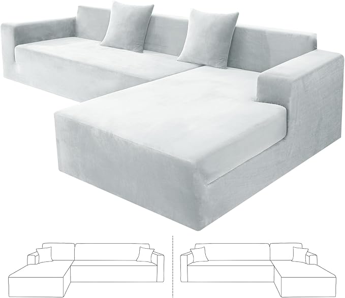 ZNSAYOTX 2026 Soft Velvet Sectional Couch Covers, Luxury Plush Slipcovers with Elastic Bottom for L Shape Sectional Sofa, 2 Pcs Pet Friendly Protector (3 Seat Couch + 2 Seat Chaise, Silver Grey)