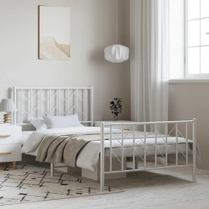 Bed Frame White Steel Single Bed Frame Rectangular Durable Adult for Bedroom