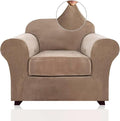 PrinceDeco Velvet Plush Couch Cover Stretch 2 Piece Chair Cover Chair Slipcover Washable Furniture Protector Couch Soft with Elastic Bottom Armchair Cover Width Up to 49 Inch(Small, Camel)