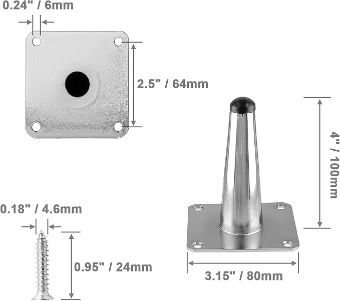 4pcs 4 Inch Furniture Legs, Straight Conical Metal Legs Chrome Mid-Century Style Furniture Feet for Sofa Cabinet Table Chair Cupboard Couch Ottoman Home DIY Projects