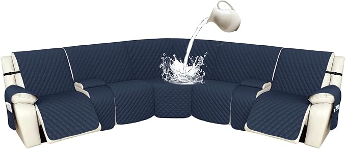 Arfntevss Recliner Sectional Couch Covers 1OO% Waterproof L Shape Sofa Cover for Reclining L Shaped Sectional Slipcover Dog Washable Corner Non Slip Protector (5 Seater with 2 Console, Midnight Blue)