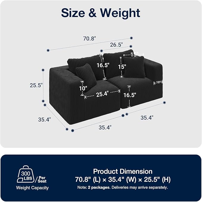 Avenco 71” 2-Seater Modular Loveseat, Individually Wrapped Coil Support & Corduroy Fabric, Zero Assembly 2-Piece Set for Small Space, Black