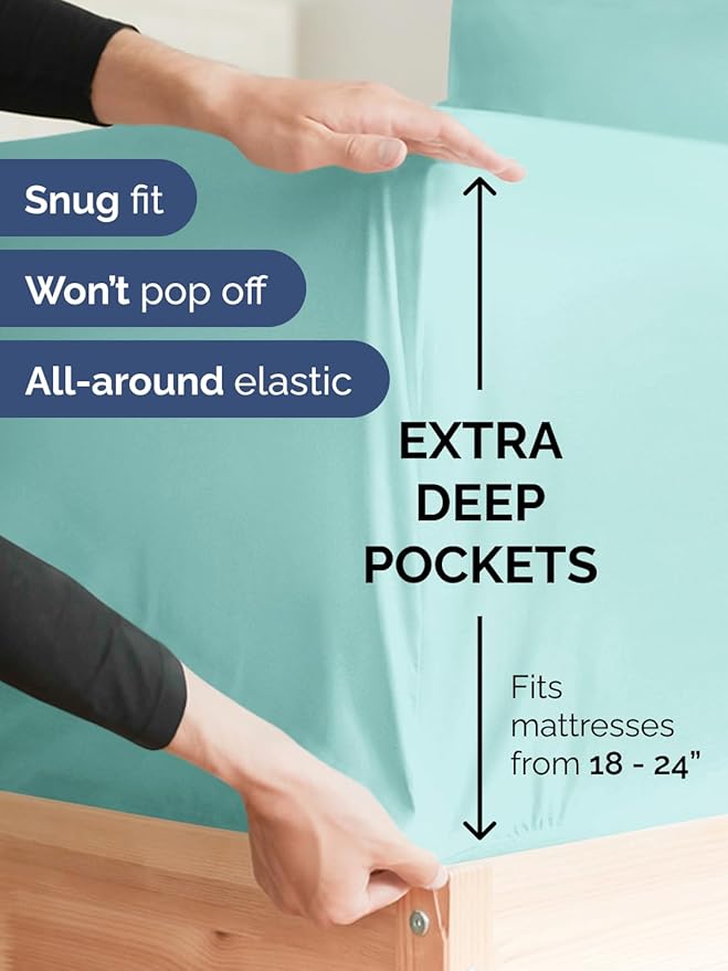 Extra Deep Twin XL Sheet Set - 4 Piece Breathable and Cooling Sheets - Hotel Luxury Bedding for Women, Men, Kids & Teens - Easy Secure Fit - Soft, Wrinkle Free & Comfy - Extra Deep Pockets - Spa Blue