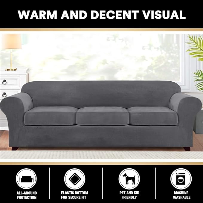 PrinceDeco Velvet Couch Covers for Sofa Soft 4 Pieces Couch Covers for 3 Cushion Couch Sofa Pet Friendly Furniture Protector with Non Slip Elastic Bottom Width Up to 97 Inch (Large Sofas, Gray)