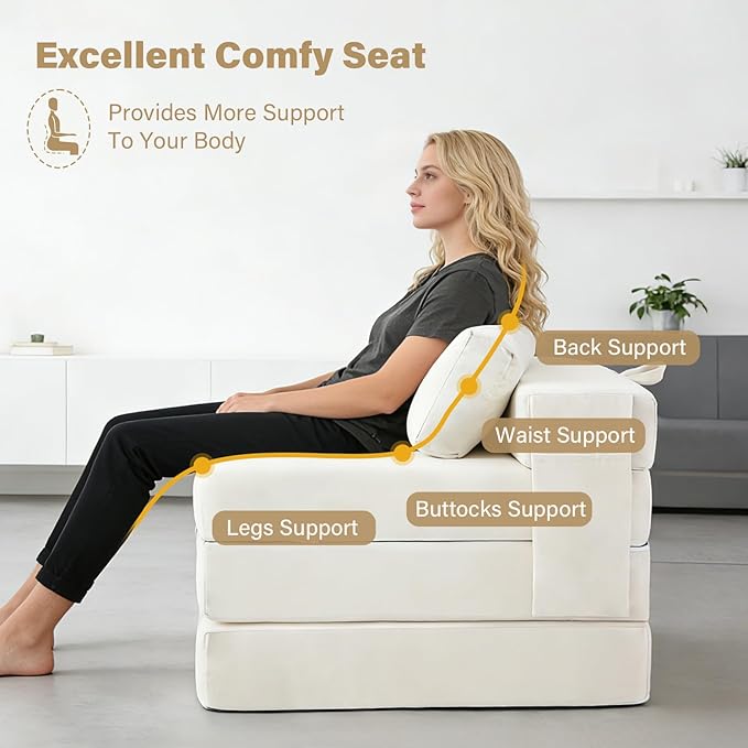 Tiita Folding Sofa Bed Chair, 4-Fold Convertible Sleeper Chair with Lumbar Pillow, Washable Cover & Side Pocket, Floor Couch Bed with Raised Seat, Single Size for Small Spaces, Beige