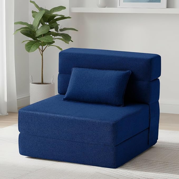 FILUXE Folding Sofa Bed | Convertible Sleeper Chair Bed for Adults, Fold Out Chair to Bed Linen Futon Chair with Pillow, for Home Dorm Apartment RV Living Room, Single Size Navy Blue