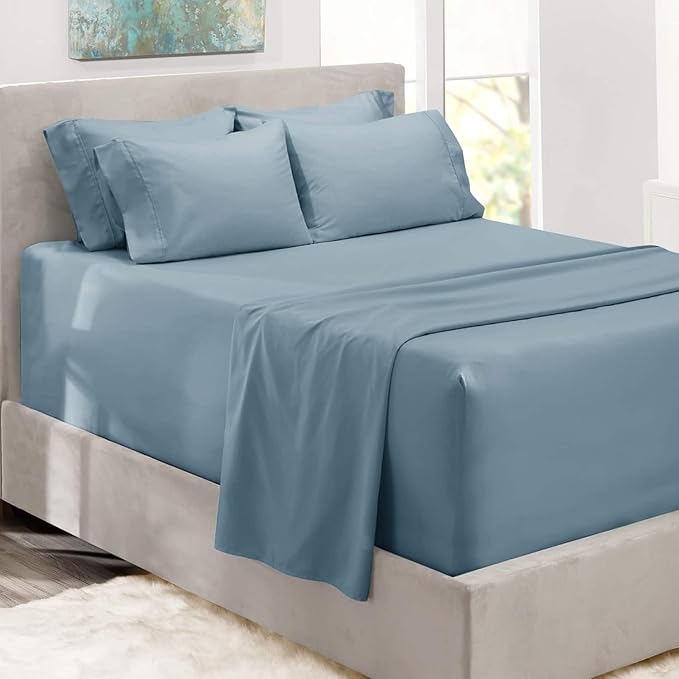 Hearth & Harbor Bed Sheets, Luxury Soft 6 Piece Bed Sheet Set Extra Deep Pocket Fitted Sheets Fits Mattress up to 21", Double Brushed Bedding Sheets & Pillowcases, Split King, Soft Blue