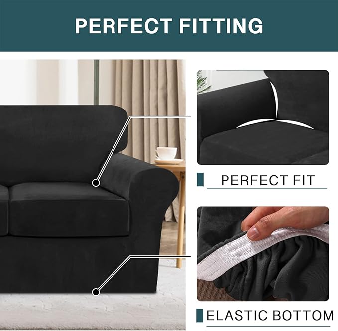 FantasDecor 4 Piece Sofa Velvet Couch Covers for 3 Cushion Stretch Slipcover with Individual Seat Cushion Elastic Furniture Protector for Pets, Machine Washable (Sofa, Black)