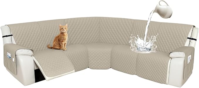 Arfntevss Recliner Sectional Couch Covers 1OO% Waterproof L Shape Sofa Cover for Reclining L Shaped Sectional Slipcover for Dog Washable Corner Non Slip Furniture Protector (5 Seater, Light Khaki)
