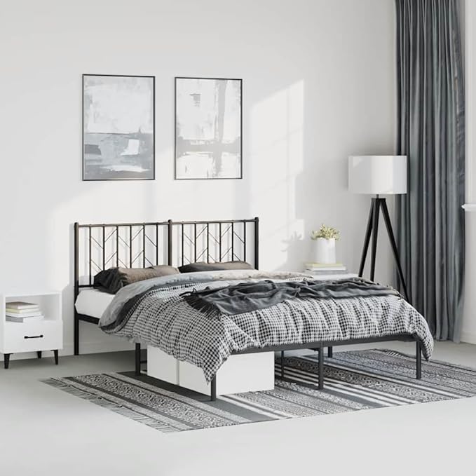 Bed Frame Black Powder-Coated Steel Double Size Bed Frame Sturdy Metal for Bedroom