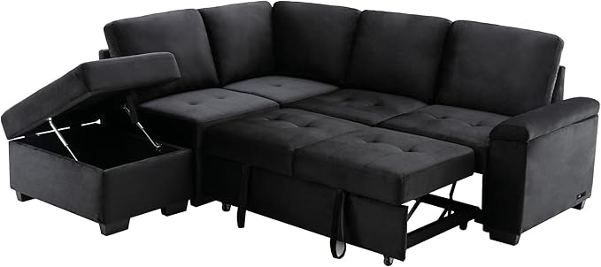 LUMISOL 87.4" Convertible Sleeper Sofa Bed with Storage Ottoman, L-Shaped Sectional Sofa with Storage Arm & Charging Stations, Pull Out Sofa Couch with Chaise for Living Room, Black