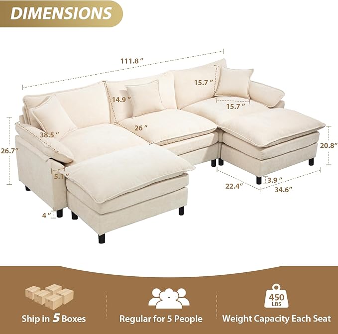 Oversized Modular Sectional Sofa, 111.8 Inch U Shaped Cloud Couch Set, 3-Seat Comfy Convertible Sofa with 2 Movable Ottoman, DIY Combination Sleeper Couch for Living Room(Chenille, Beige)