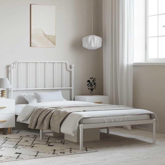 White Powder-Coated Steel Single Bed Frame, Platform Mattress Support, No Box Spring Needed, 41.3x81.5x40.2 Inch, Guest Room Storage Solution
