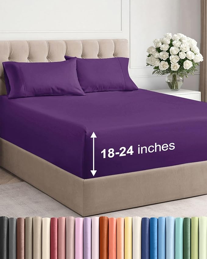 Extra Deep Twin XL Sheet Set - 4 Piece Breathable and Cooling Sheets - Hotel Luxury Bedding for Women, Men, Kids & Teens - Easy Secure Fit - Soft, Wrinkle Free and Comfy - Extra Deep Pockets - Purple