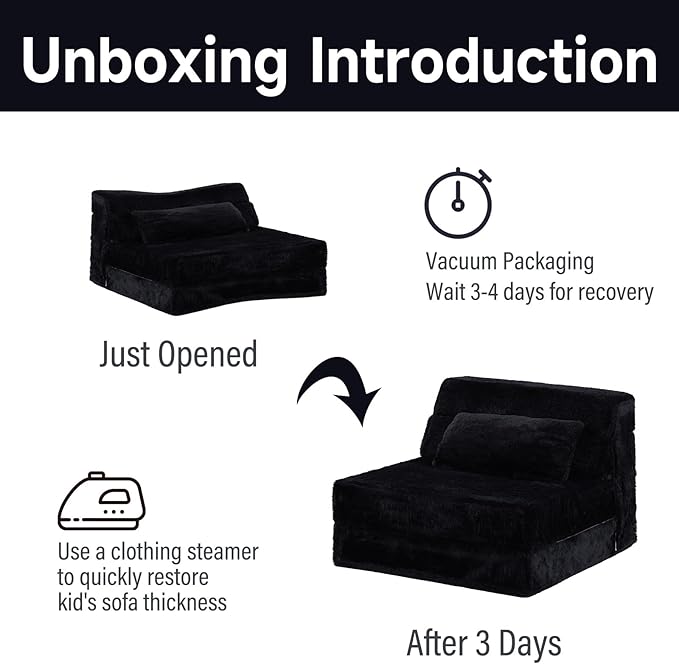 Tiita Convertible Folding Kids Sofa Bed with Pillow & Storage Bag, Plush Fabric Floor Mattress Couch Bed, Washable Cover, Kids Room, Playroom, Dorm, Apartment, Black