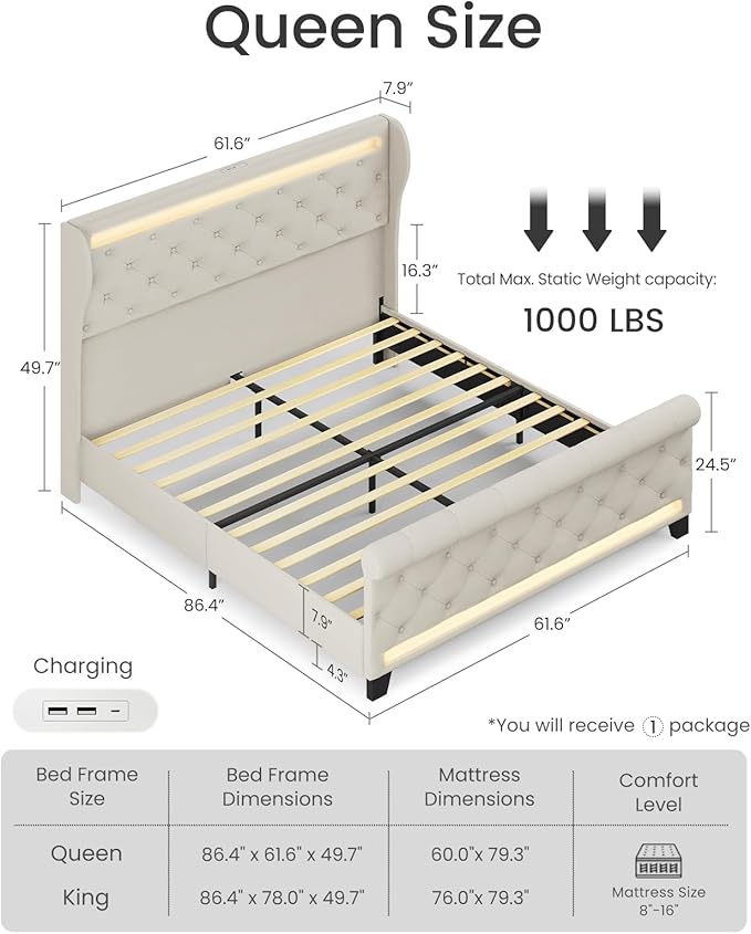 Belffin Queen Size Bed Frame with Headboard,50" Tall Headboard Upholstered Velvet Platform Bed with LED Lights & 2 USB Port/1 Type C Port, Button Tufted,No Box Spring Needed, Noise Free,Beige