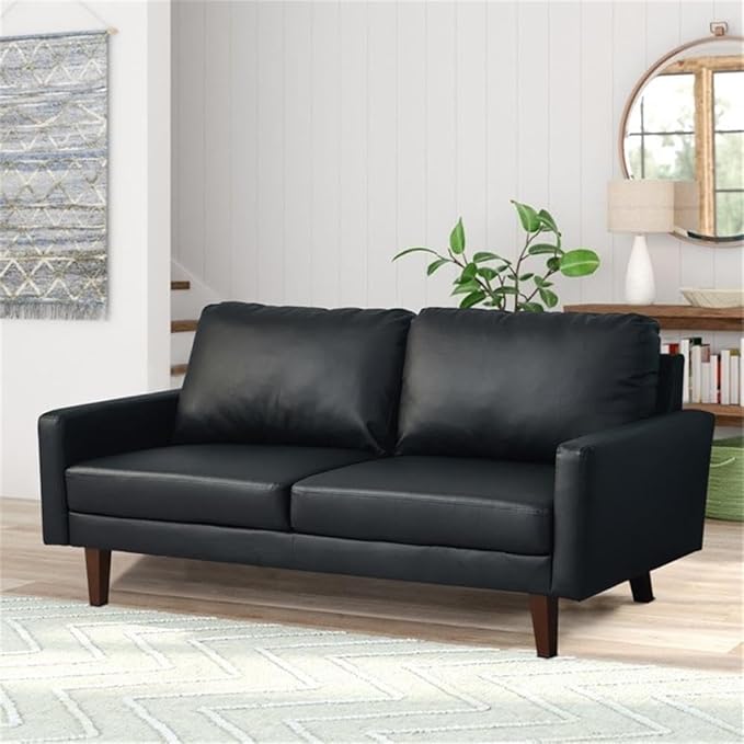 Pemberly Row Modern PU Leather Sofa Couch with Wooden Legs – Black, 70 Inch Upholstered Sofa, High-Density Cushion, Straight Arm Design for Living Room, Apartment or Office