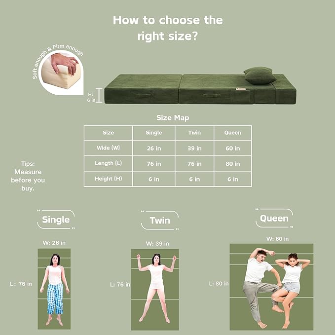 Folding Sofa Bed, 4 in 1 Convertible Sleeper Chair with Pillow, Single Memory Foam Fold Out Chair Bed, Modern Floor Futon Sofa Couch Mattress for Living Room/Guest/Apartment, Green | Convertible, Compressed sofa, Large storage bag