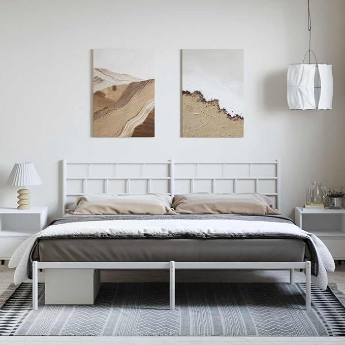 White Queen Platform Bed Frame 86.2x73.6x35.4 in Full Metal Steel with Headboard Under Bed Storage Modern Bedroom Furniture for Bedroom and Guest Room