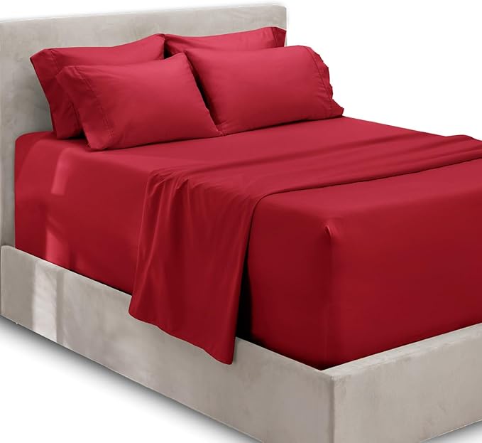 Hearth & Harbor Extra Deep Pocket Sheets - Fits Mattress 18-24 Inches Deep - Extra Deep Pocket Split King Size Sets - 7 Piece Split King Size - Burgundy