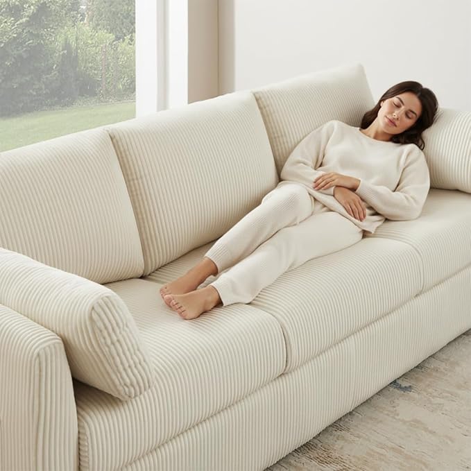 79" L Shaped Couch with Storage Ottoman, 3 Seater Corduroy Sofa with 2 Pillows and Storage Pockets, Small Modern Couches for Living Room, Apartment, Small Spaces, Home Office, Cream White