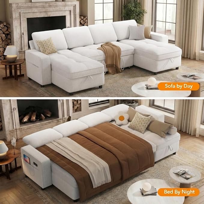WEUP Modular Sectional Sleeper Sofa Bed, 105" U-Shaped Couch Bed with Adjustable Backrest, Pull Out Couch with Double Storage Chaise, USB Charging & Tool-Free Assembly, Chenille Beige | Reclining Backrest, Tool-Free Assembly, Breathable material