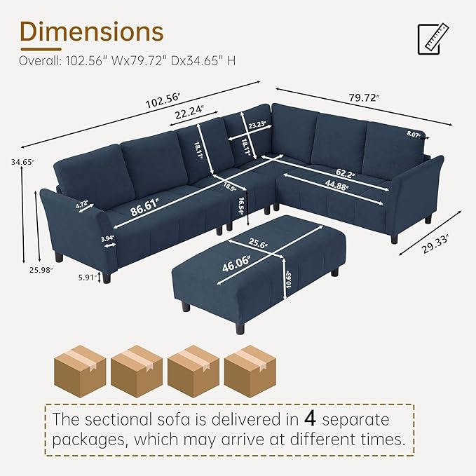 103" Convertible Sectional Sofa with Long Ottoman, Modern Upholstered Fabric L-Shaped Couch with Back Cushions, 6 Seat Sofa Couches for Living Room, Apartment, Office, Blue