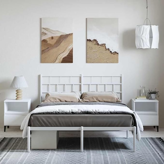 White Metal Full Bed Frame with Headboard 77.2 x 55.9 x 35.4 in Powder-Coated Steel Platform Full Mattress Base Bedroom Furniture Modernes Design Robust for Adults