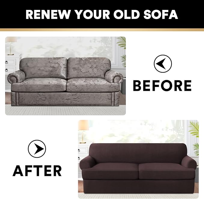 PrinceDeco T Cushion Sofa Slipcover 3 Pieces Sofa Covers for T Cushion Sofa Soft Couch Cover Sofa Slip Covers Furniture Covers with 2 Individual T Cushion Shape Seat Covers Machine Washable, Brown
