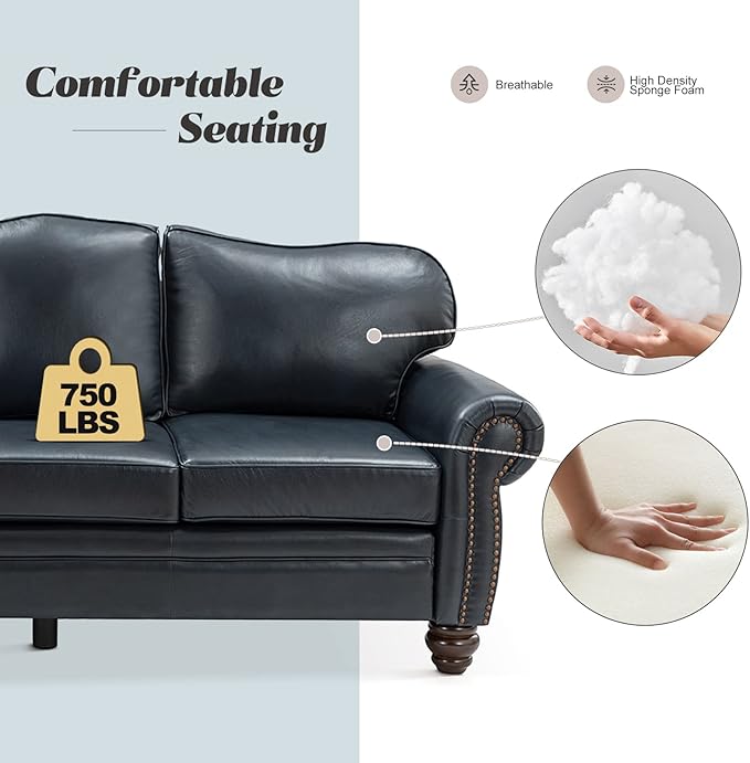 HULALA Home 81'' Genuine Leather Sofa with Removable Cushion, Mid-Century Modern Living Room 3-Seater Couch, Full Grain Leather Couch with Nailhead Trim and Rolled Arm for Bedroom Apartment, Navy