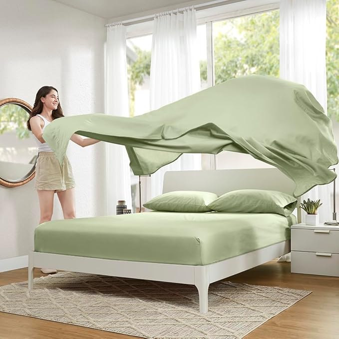 Comfort Spaces 100% Cotton Sheets Twin XL, Breathable & Soft Cotton Sheets, Naturally Cool Cotton Bed Sheets with 12" Elastic Pocket Fits up to 14" Mattress, All Seasons Sheet Set, Sage Green 3 Piece