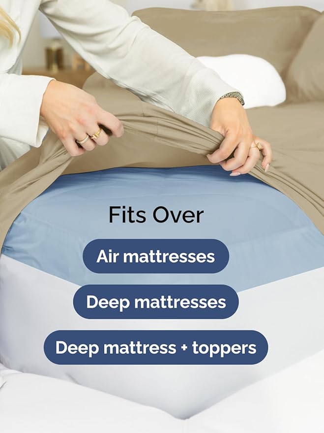 Extra Deep Split King Sheet Set - 7 Piece Breathable and Cooling Sheets - Hotel Luxury Bedding for Women, Men, Kids & Teens - Easy Secure Fit - Soft, Wrinkle Free & Comfy - Extra Deep Pockets - Beige
