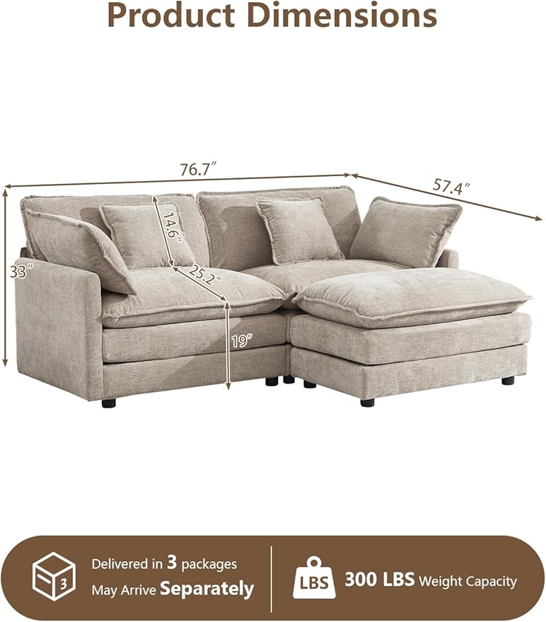 Modular Sectional Sofa with Ottoman, 76.7" Modern L Shaped Sectionals Cloud Couch, Comfy Couch Loveseat, 3 Seat Chenille Deep Seat Sofa with Pillow for Living Room,Bedroom Apartment,Small Spaces-Camel