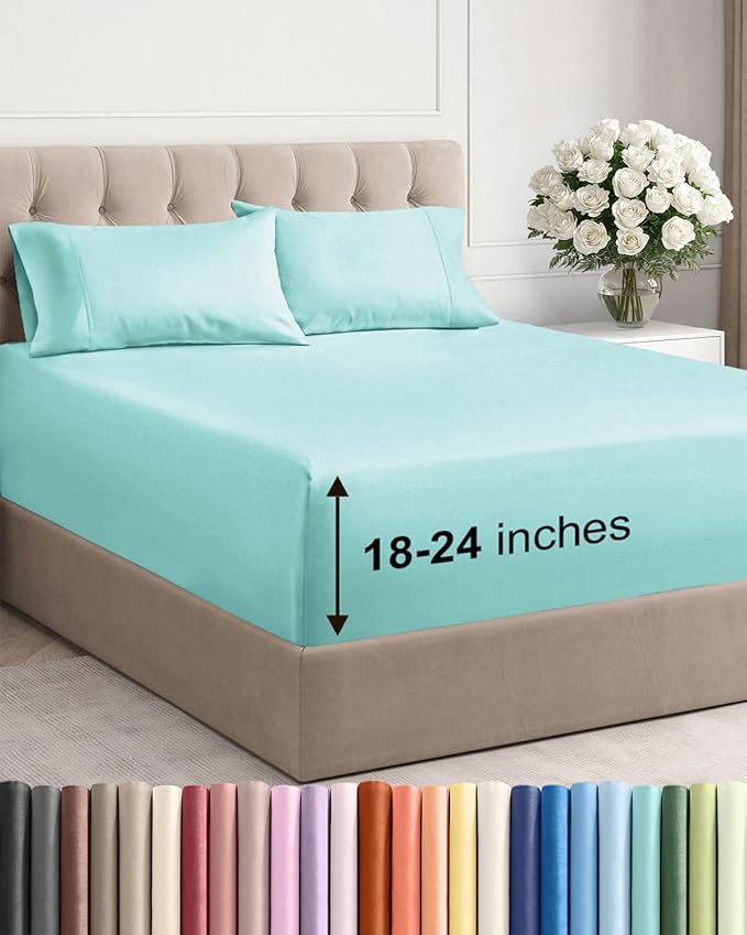 Extra Deep Twin Sheet Set - 4 Piece Breathable and Cooling Sheets - Hotel Luxury Bedding for Women, Men, Kids & Teens - Easy & Secure Fit - Soft, Wrinkle Free and Comfy - Extra Deep Pockets - Spa Blue