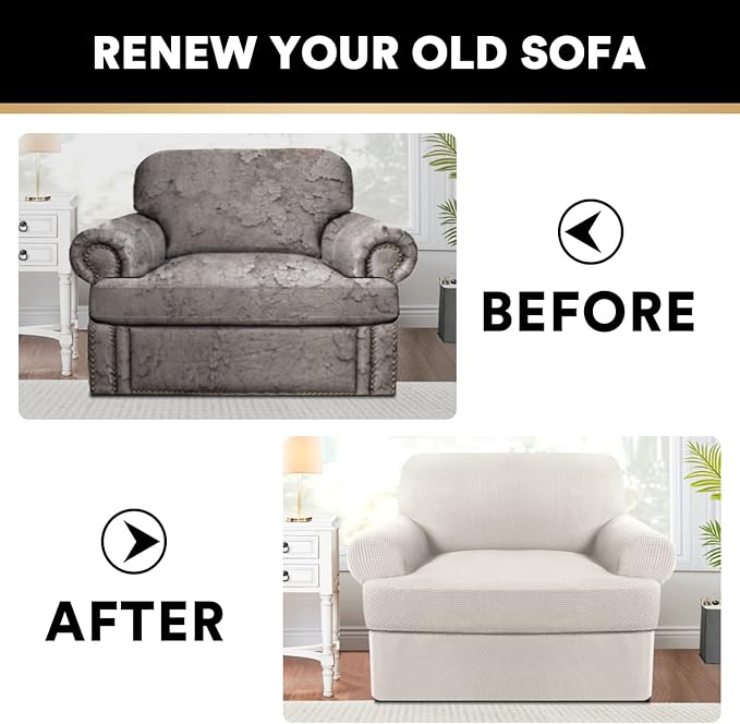 PrinceDeco 2 Pieces Armchair Slipcover Stretch Couch Covers for T Cushion Chair Slipcovers Soft Arm Chiar Cover Furniture Covers with 1 Individual T Shape Seat Covers Width Up to 40", Ivory
