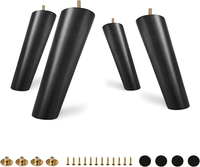 FoDau770 Black Rubber Wood Furniture Legs 8 Inches, Slant Tapered Wood Feet Mid Century Sofa Legs Set of 8, 5/16" UNC Furniture Feet Replacement Parts for Cabinet Couch Dresser Chair Ottoman Table