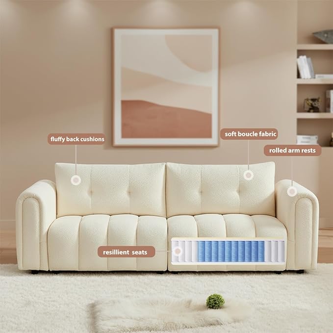 91.5" W Cloud Boucle Sofa for Living Room, Modern Comfy Boucle Couch with Rolled Arms and Soft Pillows, Teddy Oversized Loveseat for Apartment, Studio, Bedroom, Cream White