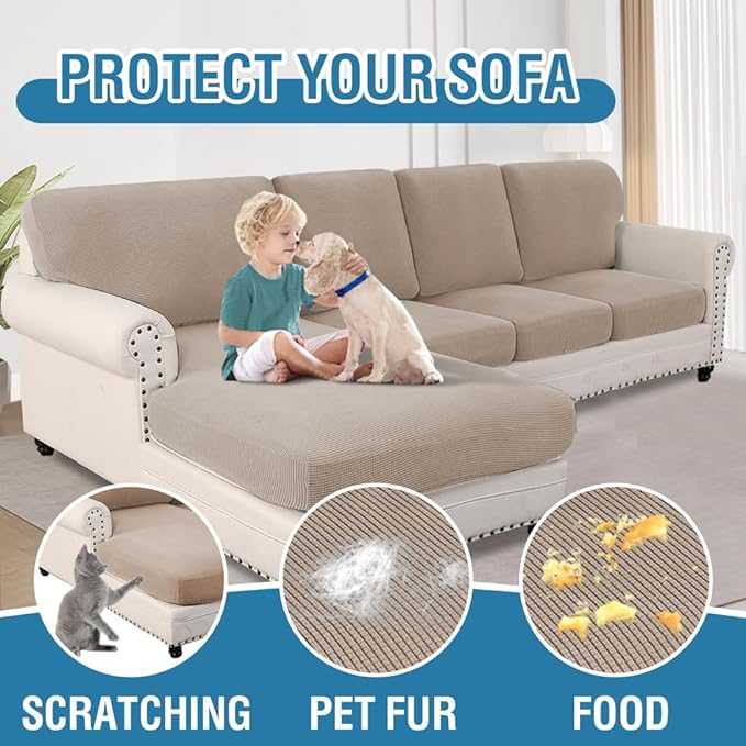 H.VERSAILTEX Sectional Couch Covers 8 Pieces Stretch Sofa Covers for Sectional Sofa Set Separate L Shaped Couch Cover for Both Left/Right Couch (Seat and Back: 1 Chaise + 3 Sofa, Sand)