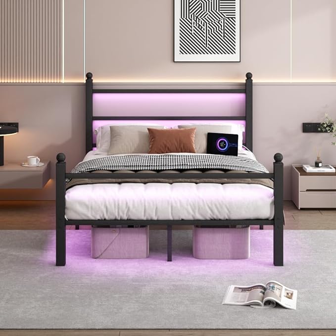 CLIBFENG Full Size Bed Frame with Headboard and Footboard,Steel Slats Support-LED Bed Frame with Charging Station,Mattress Foundation-Under Bed Storage, No Box Spring Needed,Noise Free,Black