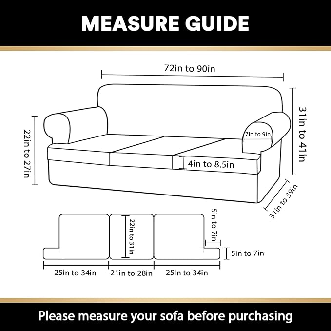 PrinceDeco T Cushion Sofa Slipcover 4 Pieces Sofa Covers for T Cushion Couch Soft Sofa Slip Covers Furniture Protector with 3 Individual T Shape Seat Covers (70"-88"), Island Fossi
