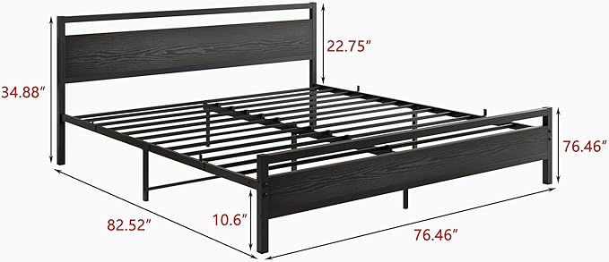 BOFENG Black King Size Bed Frame with Wood Headboard,Industrial Metal Platform Bed Frame King Size with Storage No Box Spring Needed,Strong Steel Slats Support,Easy Assembly