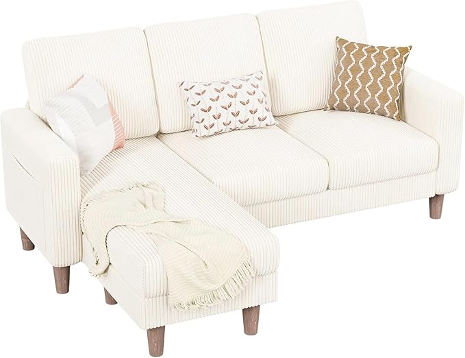 Homall Convertible Sectional Sofa 3 Seat L Shaped Couch with Side Storage Pocket, Sofas with Movable Ottoman, Corduroy Small Couches for Living Room & Apartment (Corduroy, Beige)