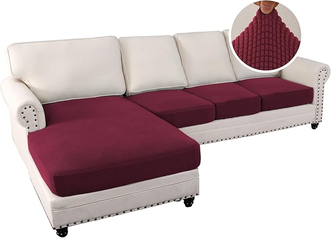 H.VERSAILTEX Sectional Couch Covers 4 Pieces Sofa Seat Cushion Covers L Shape Separate Cushion Couch Chaise Cover for Both Left/Right Sectional Couch (Seat Only: 1 Chaise + 3 Sofa, Burgundy)