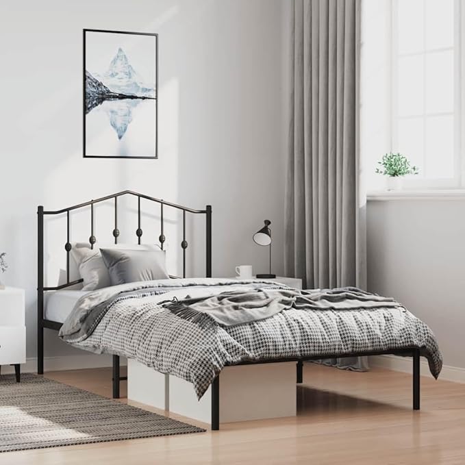 Modern Single Bed Frame with Black Finish, Sturdy Steel Construction and Metal Slats for Maximum Support up to 220.5 lb, Space-Saving Design Ideal for Bedroom or Guest Room