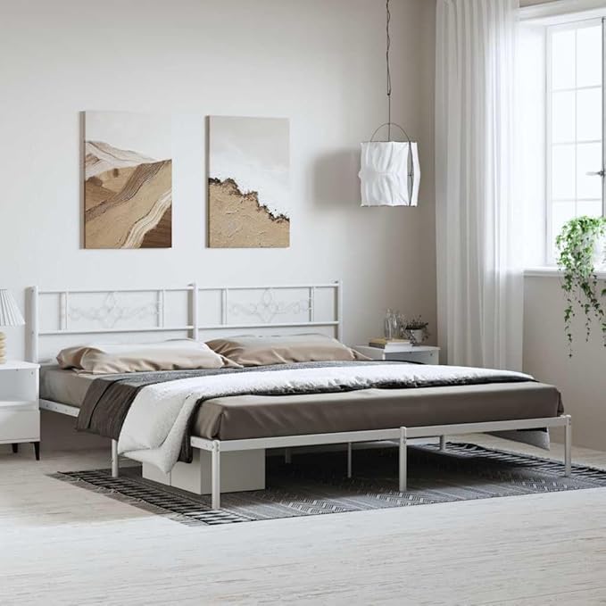 Modern Metal Bed Frame with Headboard - Sturdy Powder-Coated Steel Structure, Contemporary White Finish for Bedroom Decor, Spacious 76.0 x 80.0 Inch Platform with Enhanced