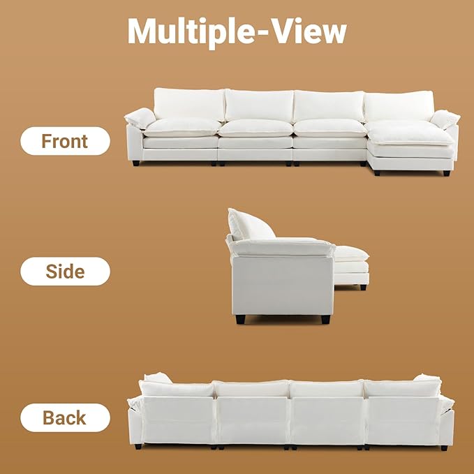 VINGLI 157" Cloud White/Cream Convertible Sectional Sofa, Comfy L-Shape Extra Deep Seat Sofa Couch for Living Room,Modern Chenille 4-Seat Convertible Sofa with Movable Ottoman for Small Space