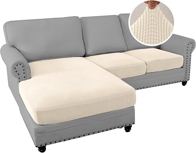 H.VERSAILTEX Sectional Couch Covers 3 Pieces Sofa Seat Cushion Covers L Shape Separate Cushion Couch Chaise Cover for Both Left/Right Sectional Couch (Seat Only: 1 Chaise + 2 Sofa, Cream)