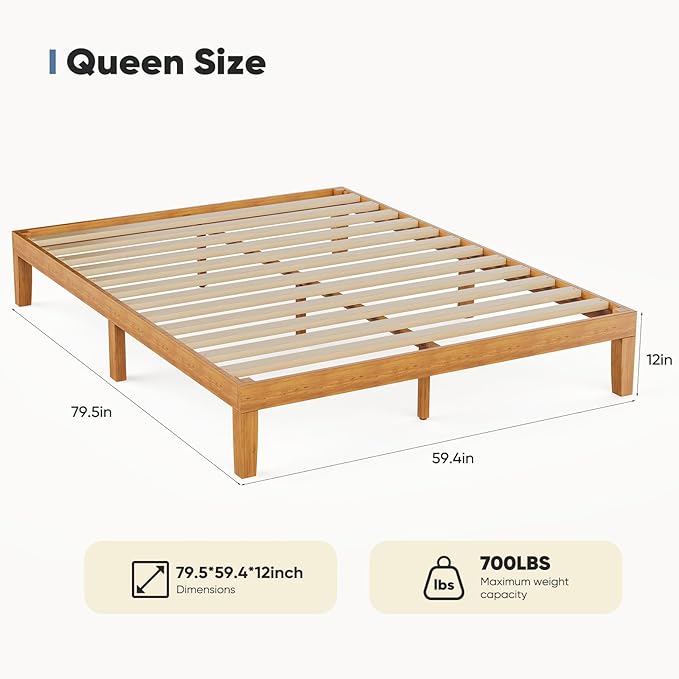 Sweetcrispy Queen Wood Platform Bed Frame, Solid 1000LBS Heavy Duty Bed Base with Wooden Slat Support, Sturdy, Stylish & Noise-Free Design, No Box Spring Needed, 12IN Natural Pine