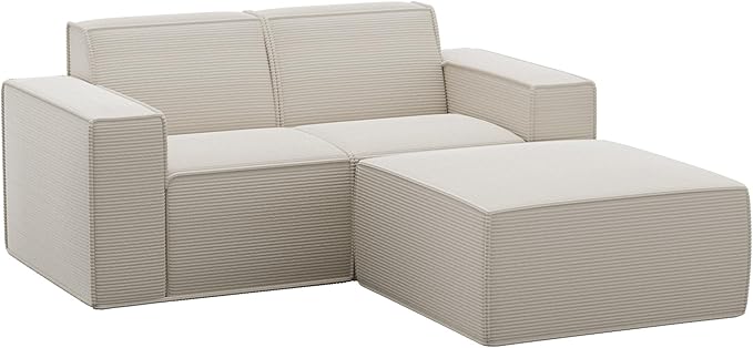 Cozy Castle 71" Loveseat Sofa, L Shaped Comfy Corduroy Boneless Couch with Deep Seat and Ottoman Chaise Cloud Sofa Upholstered Couches for Living Room Bedroom No Assembly Required (Beige)